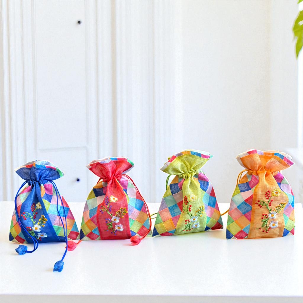 กระเป๋าหูรูด Jogakbo Patchwork เกาหลีพร้อมเย็บปักถักร้อย | กระเป๋านําโชคผ้าไหมหรูหรา (Bokjumeoni) | ของขวัญเคคัลเจอร์