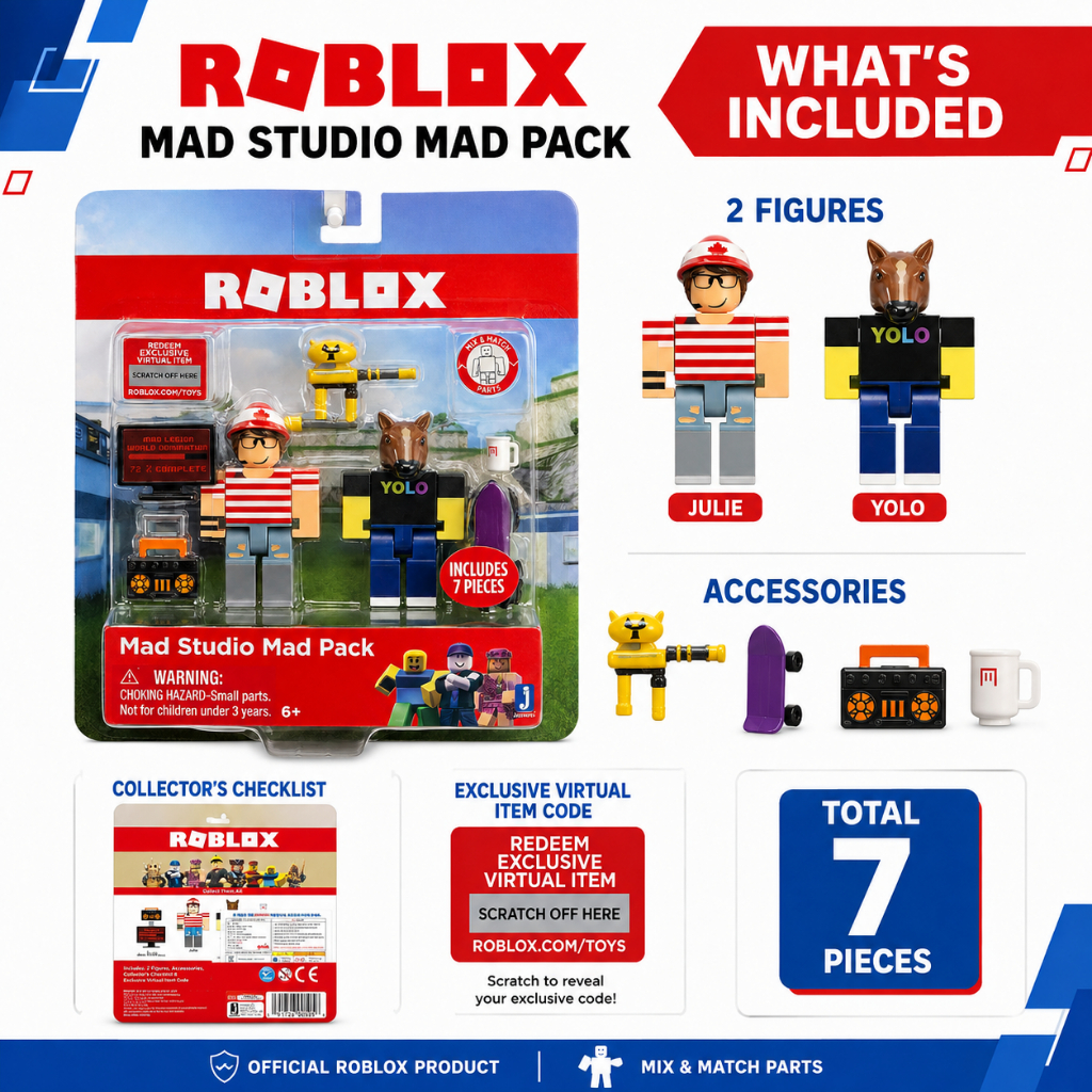 ROBLOX Mad Studio Mad Pack ชุดฟิกเกอร์ 7 ชิ้น | เครื่องจาซแวร์ | รหัสสินค้าเสมือนจริงสุดพิเศษ | ของเ