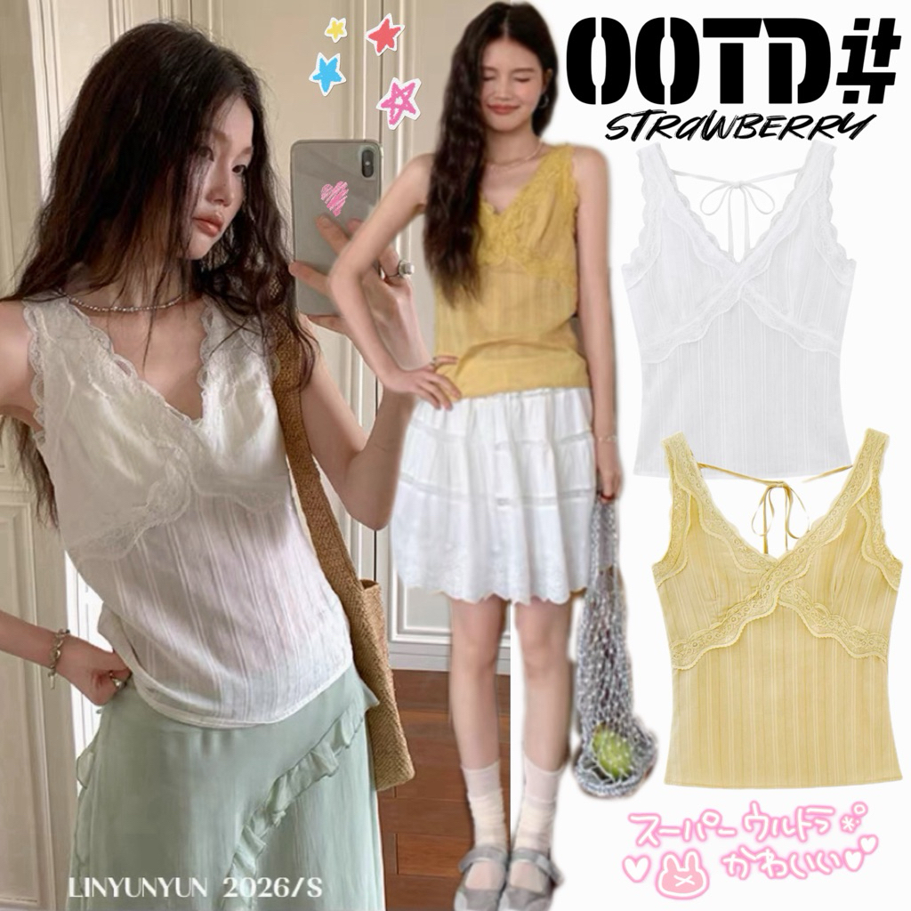 STR พร้อมส่ง🐥🎀เสื้อกล้ามคอวีหลึก ดีเทลแต่งลูกไม้ เว้าหลัง สีพื้น เสื้อครอปทรงเข้ารูปงานสวย เรียบหรู แฟชั่นเซ็กซี่ผู้หญิง