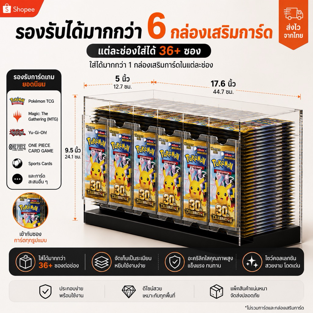 🇺🇸พร้อมจัดส่ง กล่องอะคริลิคใส่ซองการ์ด Booster Pack Display Case 6 ช่อง | กล่องโชว์ซอง Pokemon / One Piece / Yu-Gi-Oh