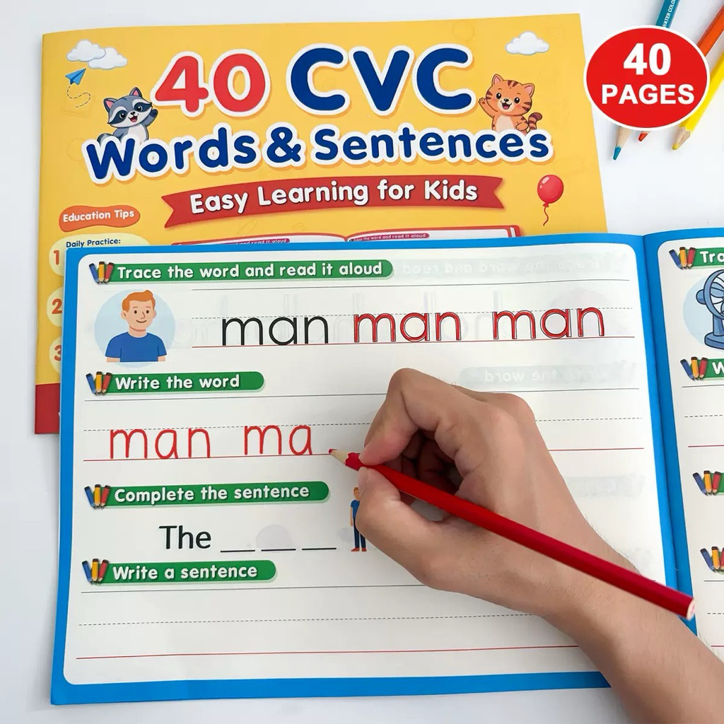 CVC Phonics Tracing Book 40 CVC Words & Simple Senences การเขียนภาษาอังกฤษสมุดงานก่อนวัยเรียน