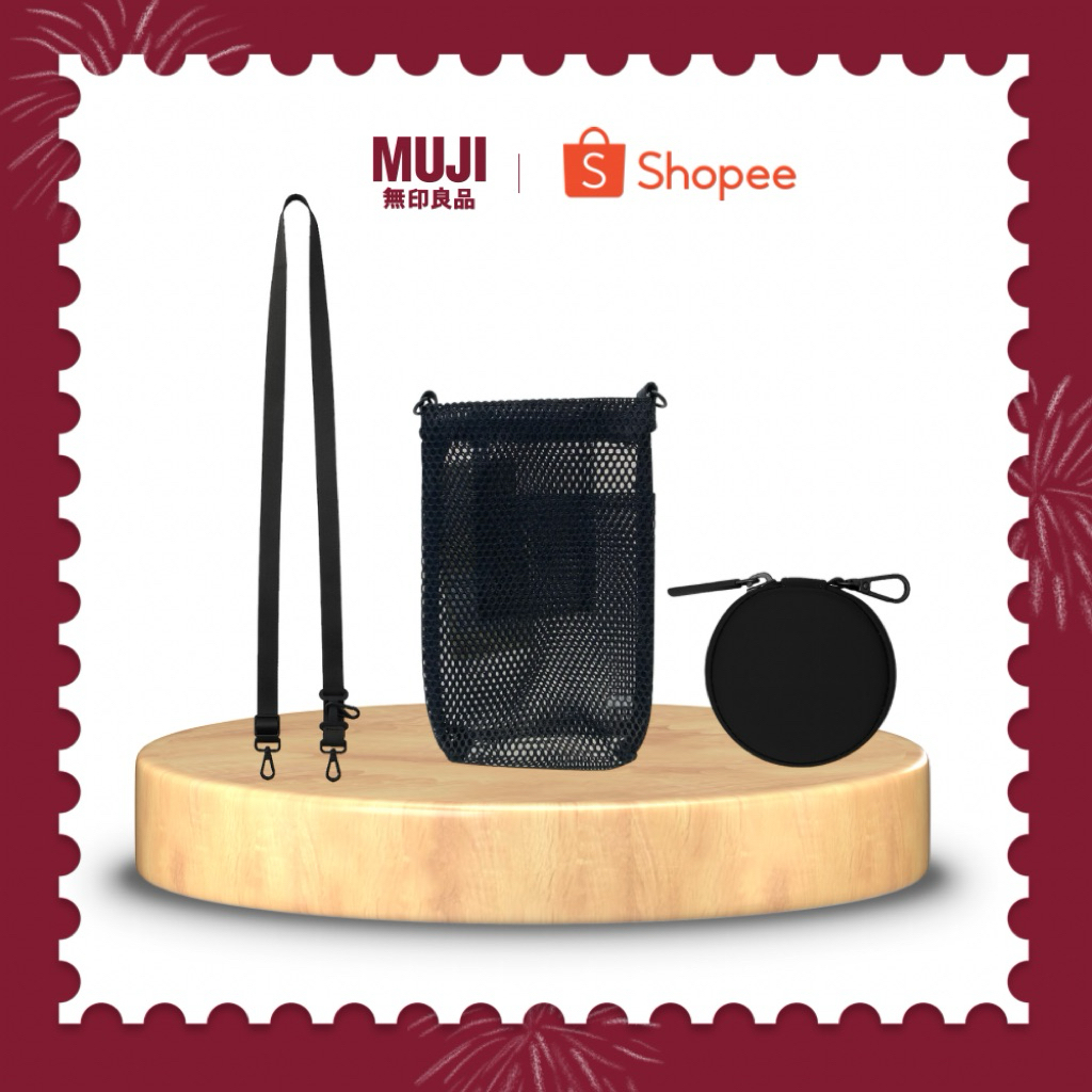 [MUJI ONLINE BUNDLE SET] กระเป๋าและสายคล้องสมาร์ทโฟนแบบตาข่ายพร้อมชุดตะขอ - สีดํา
