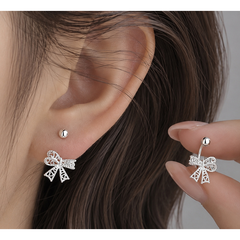 [AAT] silver heart bow belly earring -ต่างหูเจาะปุ่มท้องโบว์หัวใจสีเงิน / เจาะเกาหลียอดนิยม
