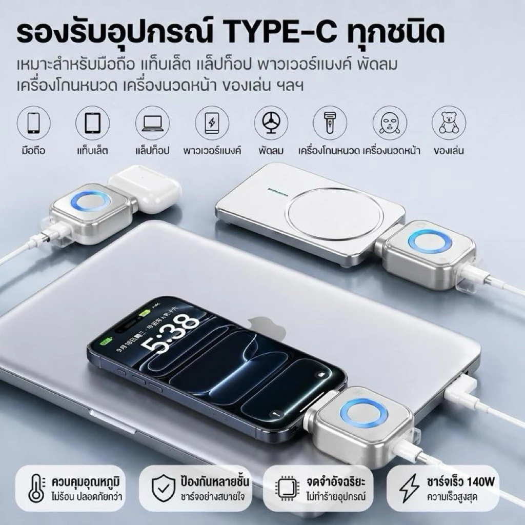 X-01 อะแดปเตอร์ชาร์จเร็ว 140W Type-C ตัดการชาร์จอัตโนมัติ เมื่อแบตเตอรี่เต็ม หัวชาร์จเร็ว สำหรับมือถือ ไอโฟน แอนดรอยด์ thumbnail 9