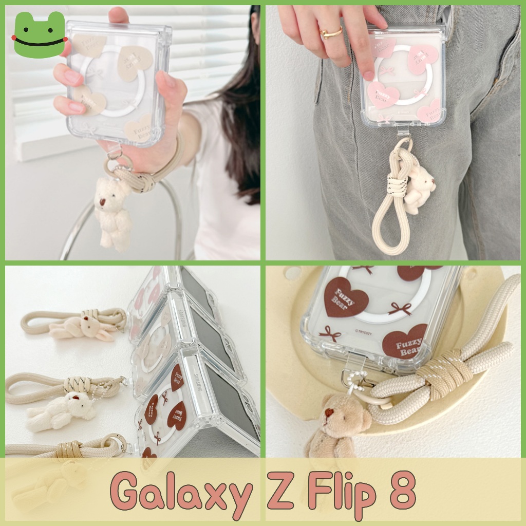 🇰🇷 Z Flip 8 Launch Lovely Fuzzy Bear Heart Magnetic Clear Bumper Case + Rope Strap SET l TryCozy