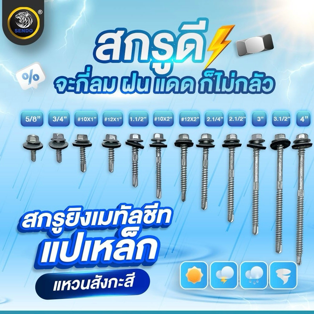 (ยกลัง) Sendo สกรูยิงเมทัลชีท แปเหล็ก แหวนสังกะสี สกรูยิงหลังคา สกรูหัวบล็อค