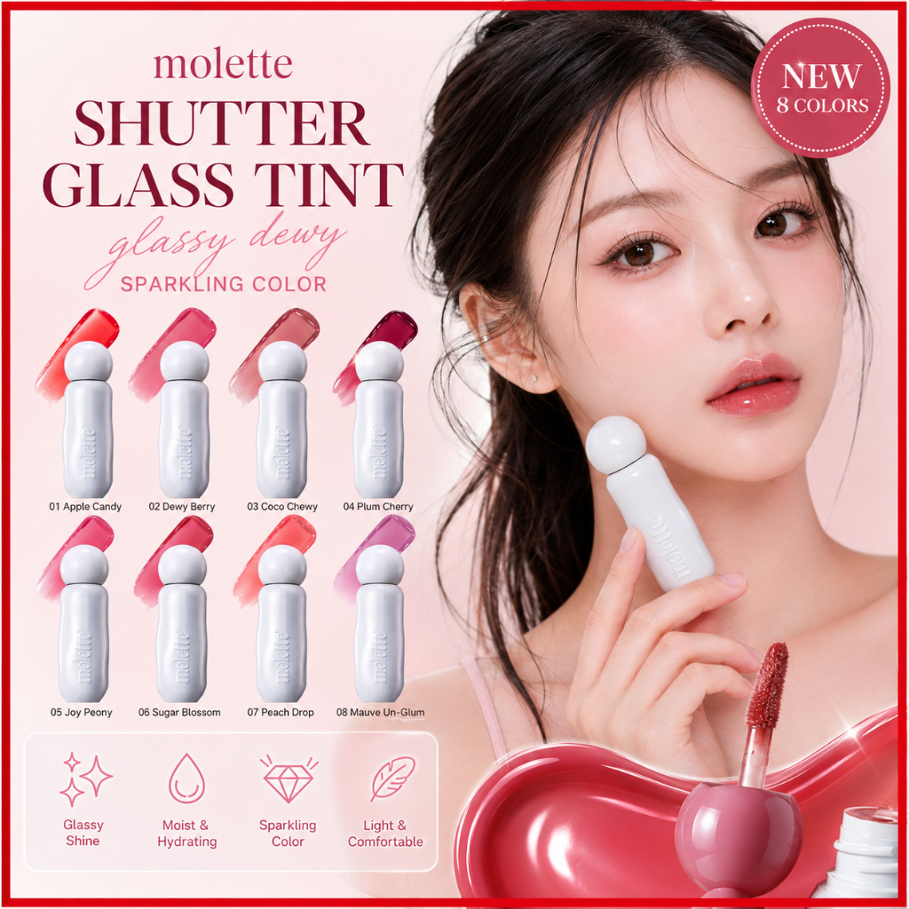 [MOLETTE] Shutter Glass Tint 3.2g (8 สี) | ลิปทินท์เกาหลีกลอสซี่ | แต่งหน้าสีส่วนตัว Glassy Glow