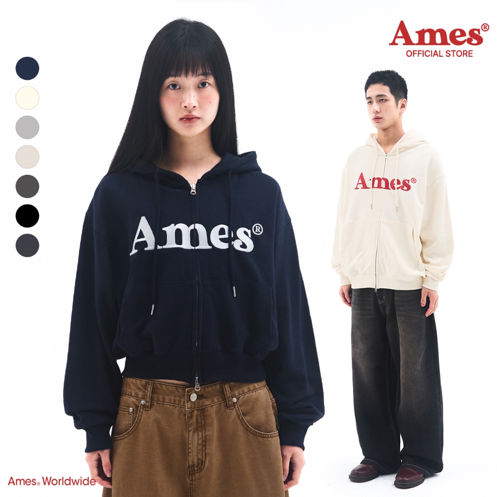 [AMES] BASIC LOGO HOODIE ZIP UP_สไตล์เกาหลี