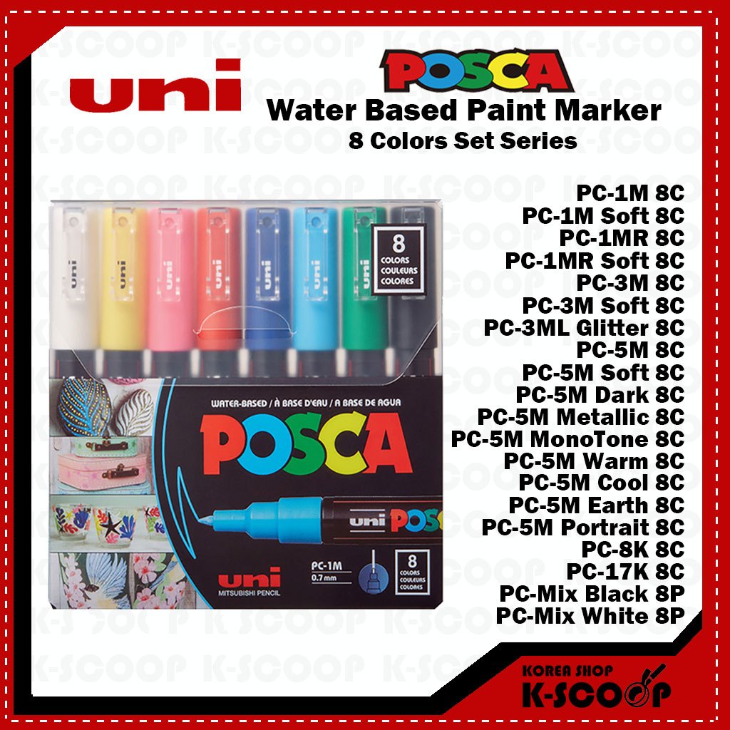 Uni POSCA Water Based Paint Marker 8 Color Set - 1M / 1MR / 3M / 3ML / 5M / 8K / 17K / Mix