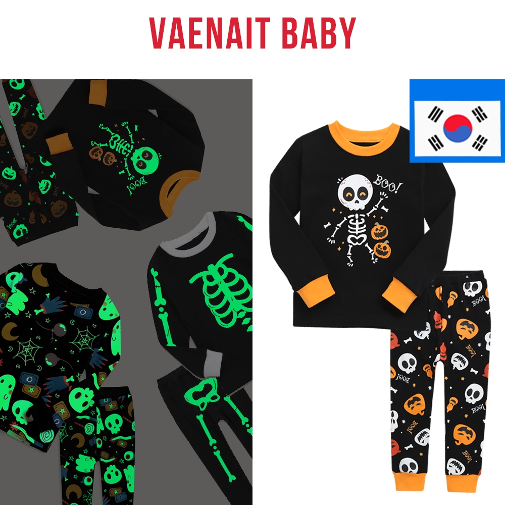 VAENAIT BABY 6M-12Y เด็กวัยหัดเดินผ้าฝ้ายเด็กชายหญิงฮาโลวีน Grow-in-the-dark ชุดนอนชุดนอน