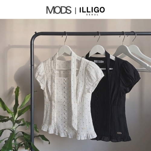 [Illigo] Ribbon Tie Square Neck Blouse / 2 colors