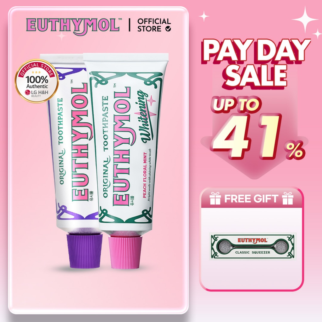 [EUTHYMOL] | เซตยาสีฟันสูตรฟันขาว แพ็ก 2 ชิ้น | สีชมพู 106g 1 ชิ้น + สีม่วง 106g 1 ชิ้น | (แถมฟรี: ที่บีบยาสีฟัน * 1 ชิ้น) | ปรับโทนฟันขาวสว่าง | แก้สีฟันเหลือง (Color Corrector) | LG H&H OFFICIAL