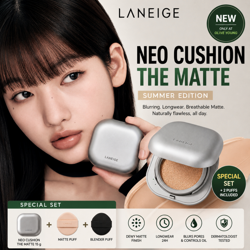 LANEIGE Neo Cushion The Matte 15g + 2 พัฟเสริมของขวัญ (17W, 21C, 21W, 23N)