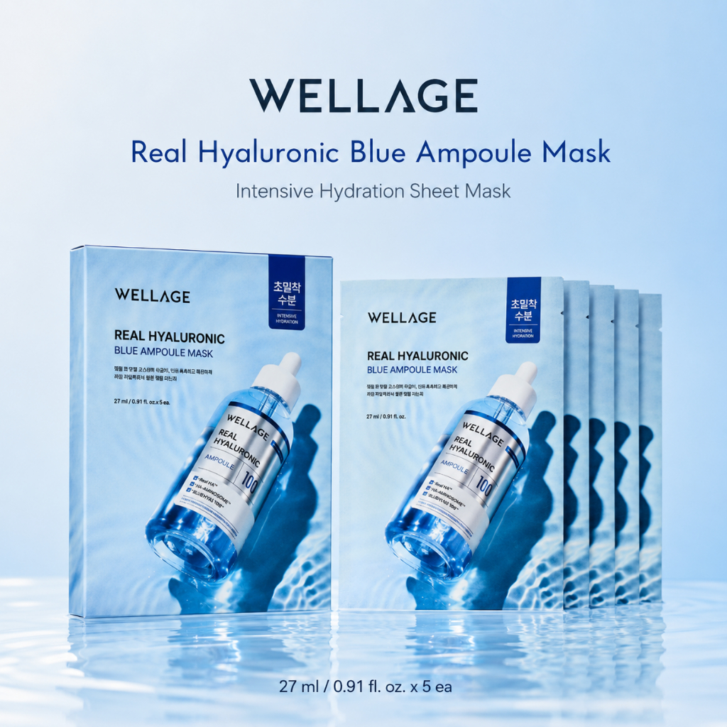 WELLAGE Real Hyaluronic Blue Ampoule Mask Sheet 1 ชิ้น / 5 ชิ้นกล่อง | มาส์กให้ความชุ่มชื้นกรดไฮยาลูโรนิก | เค-บิวตี้ จากเกาหลี