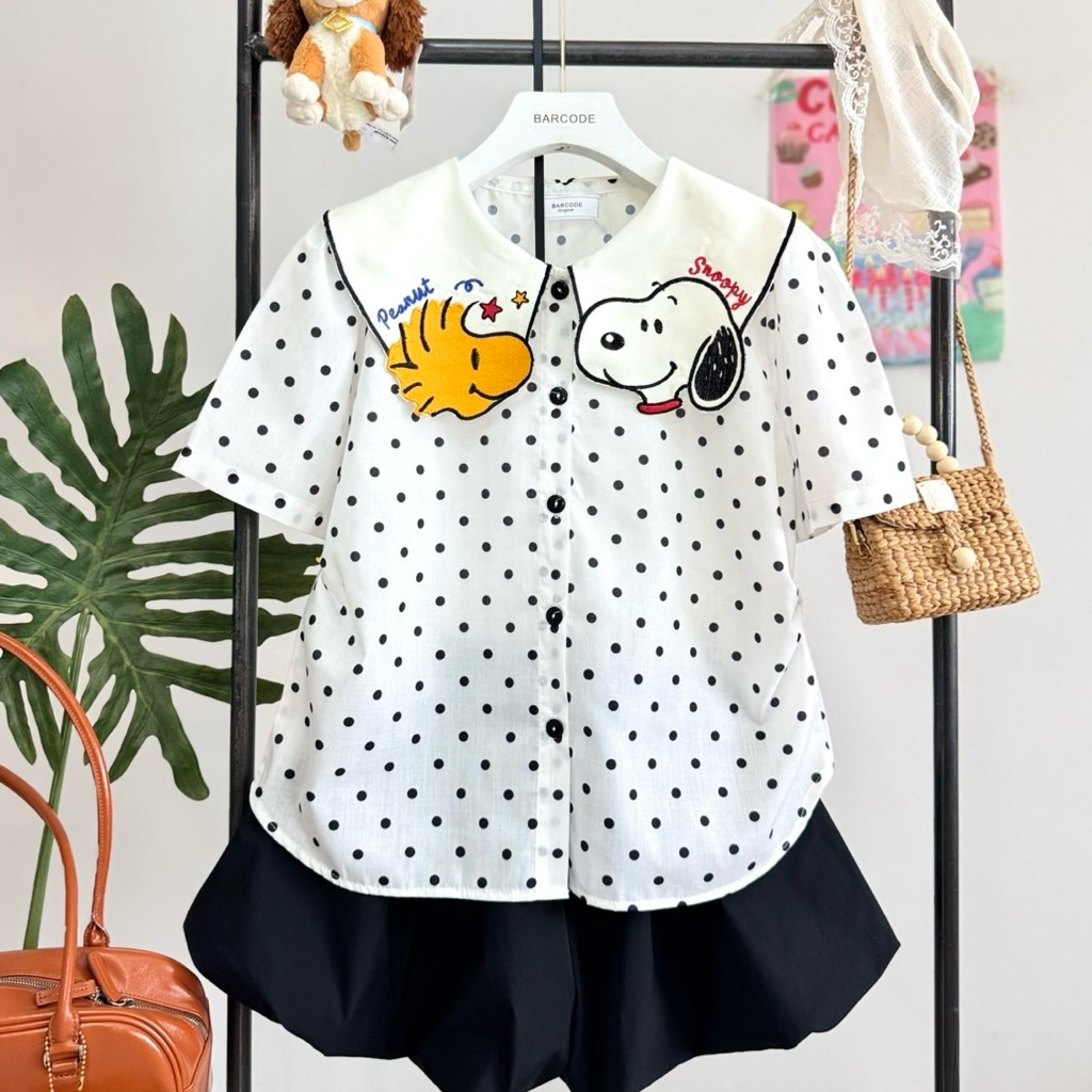 เสื้อน้อง snoppy ผ้าคอตตอนลายจุด ปกปัก peanut snoopy