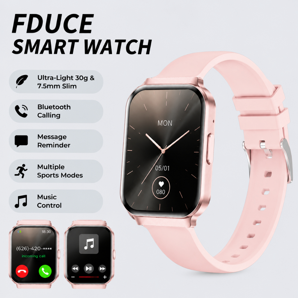 FDUCE T13 Smart Watch สีชมพูอ่อน 1.75" HD – โทร Bluetooth, หน้าจอสัมผัสเต็มรูปแบบ, การติดตามกิจกรรมฟ