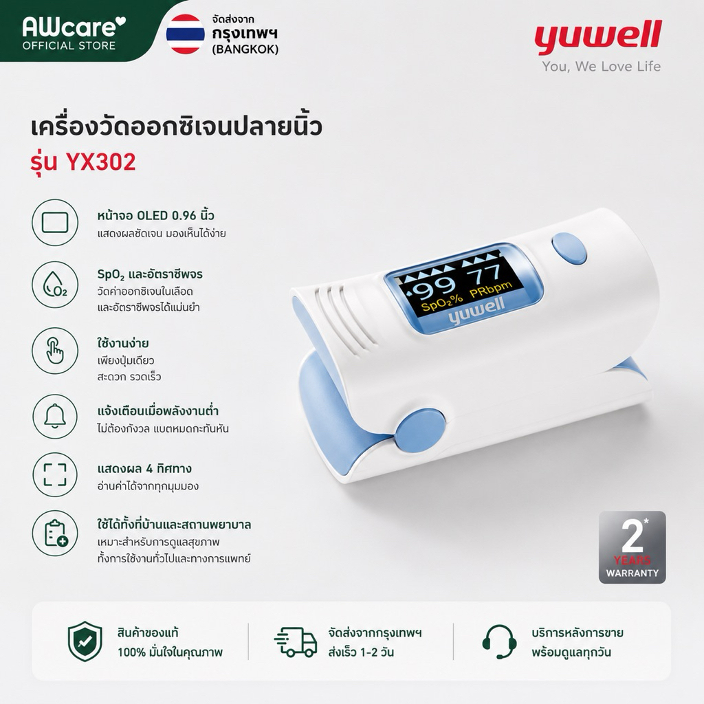 เครื่องวัดออกซิเจนปลายนิ้ว Yuwell YX302