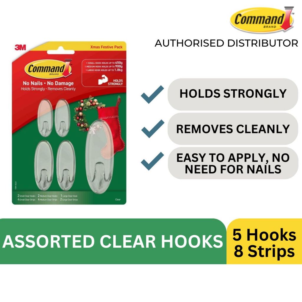 3M Command 17091-5CLR Christmas Pack ตะขอใสคละแบบ