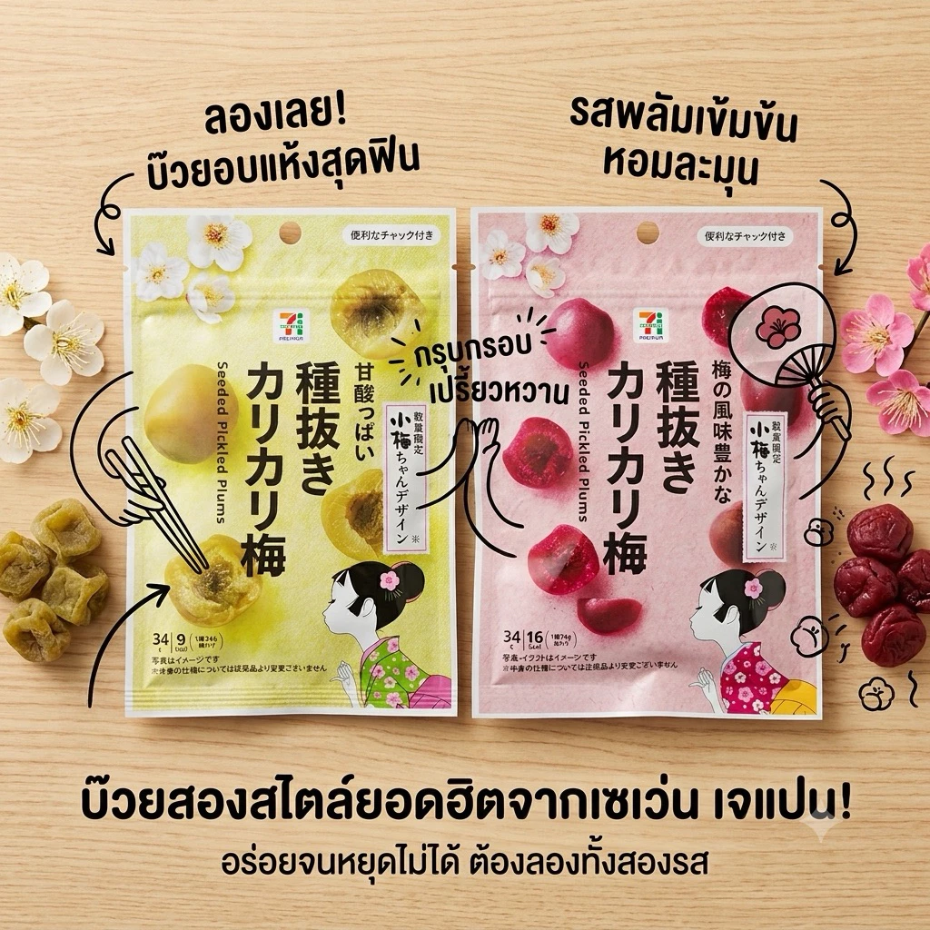พร้อมส่งในไทย บ๊วยไร้เม็ด 7-11ญี่ปุ่น ทานง่ายถุงมีซิปล็อค อร่อยตาตื่น​