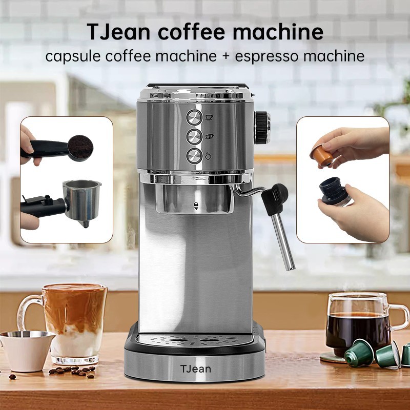 TJean 1.6L แคปซูล + ผงกาแฟ เครื่องชงกาแฟโฟมนมกึ่งอัตโนมัติสแตนเลสอเนกประสงค์