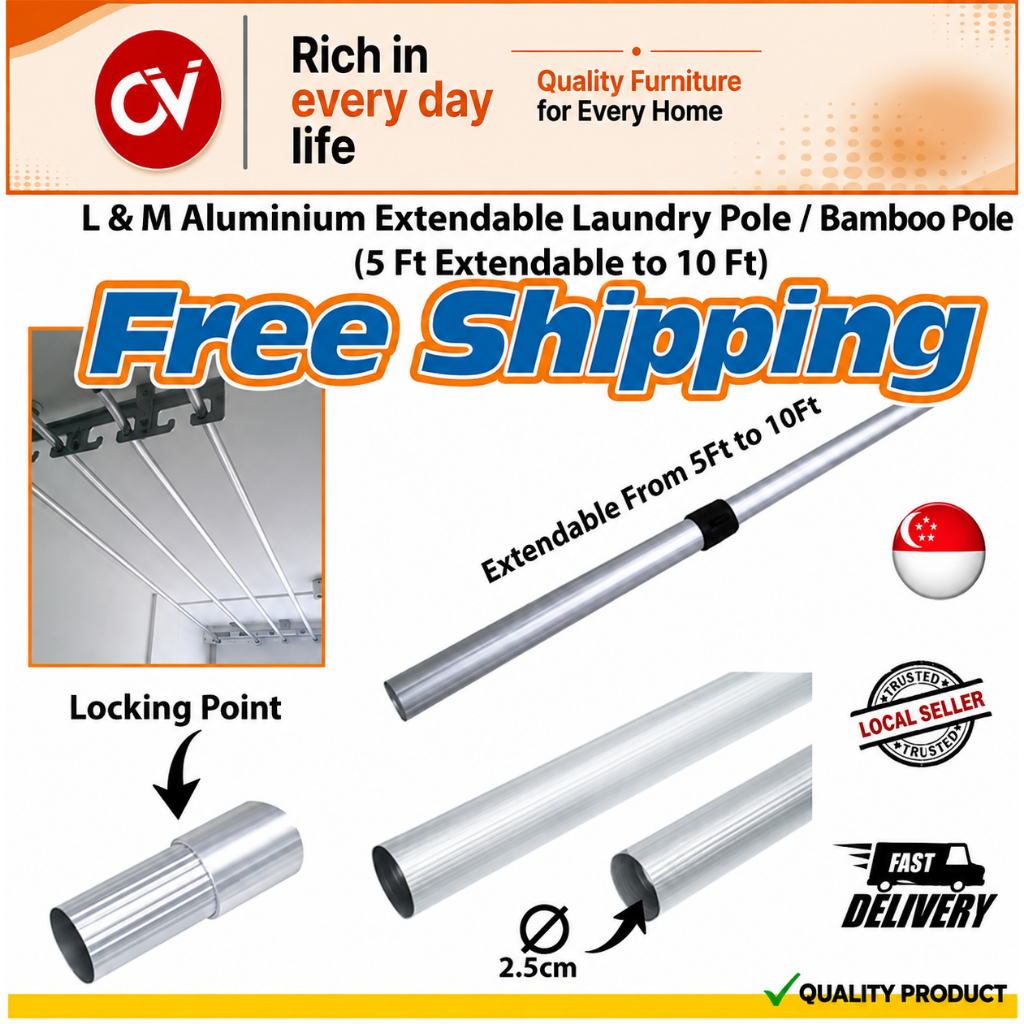 [SG SHOP SELLER] L & M เสาซักผ้าแบบอลูมิเนียมสําหรับงานหนัก / เสาไม้ไผ่ (5 Ft ยืดได้ 10 Ft)