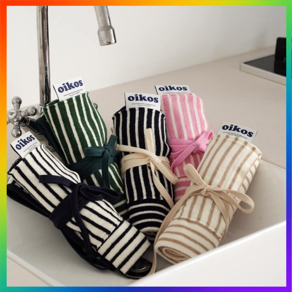 [oikos] ผ้ากันเปื้อนครึ่งตัว Terry Stripe ระดับพรีเมียม | โคซี่ ผ้าขนหนูผ้าผ้ากันเปื้อนเอวสั้นพร้อมก