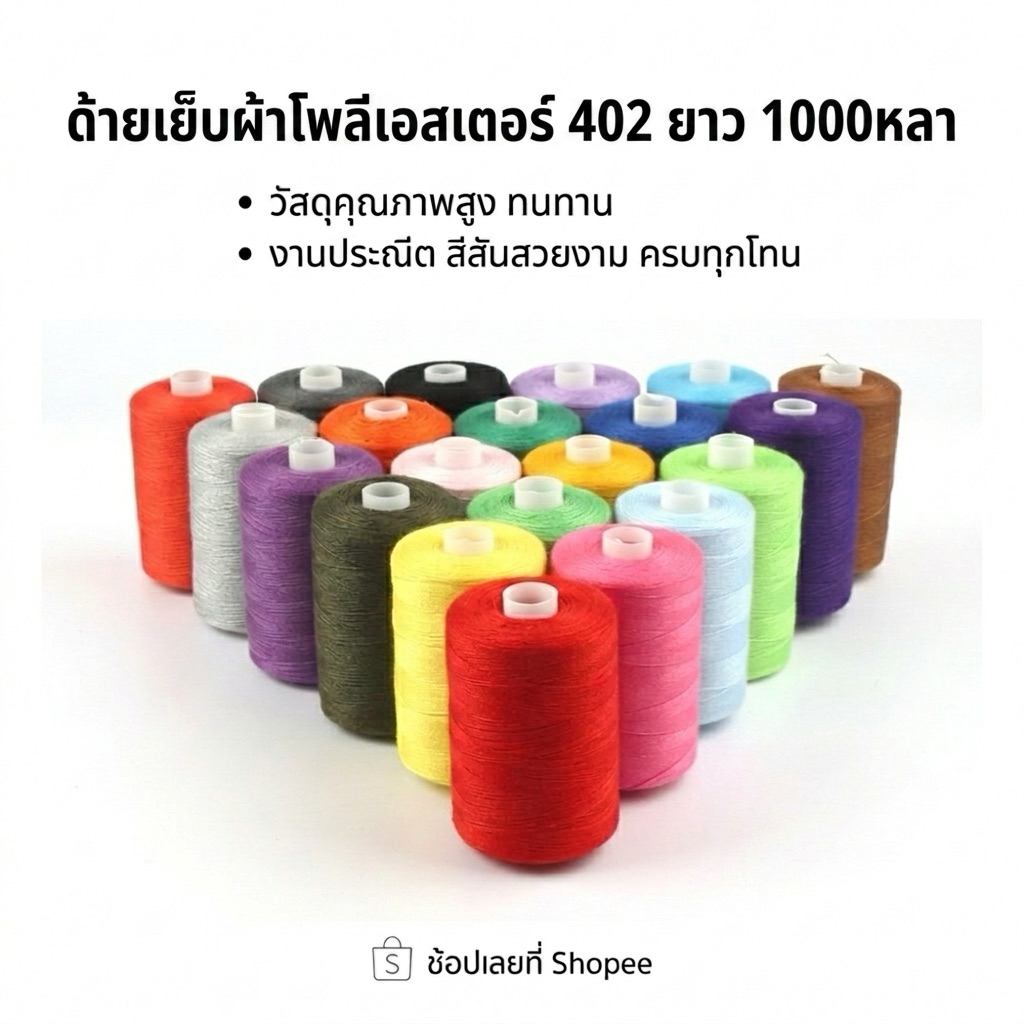 ด้ายเย็บผ้า 402 1000 หลา ด้ายโพลีเอสเตอร์ ด้ายเย็บจักรอุตสาหกรรม สีดำ สีขาว สีกากี เย็บผ้า ซ่อมผ้า งาน DIY คุณภาพสูง