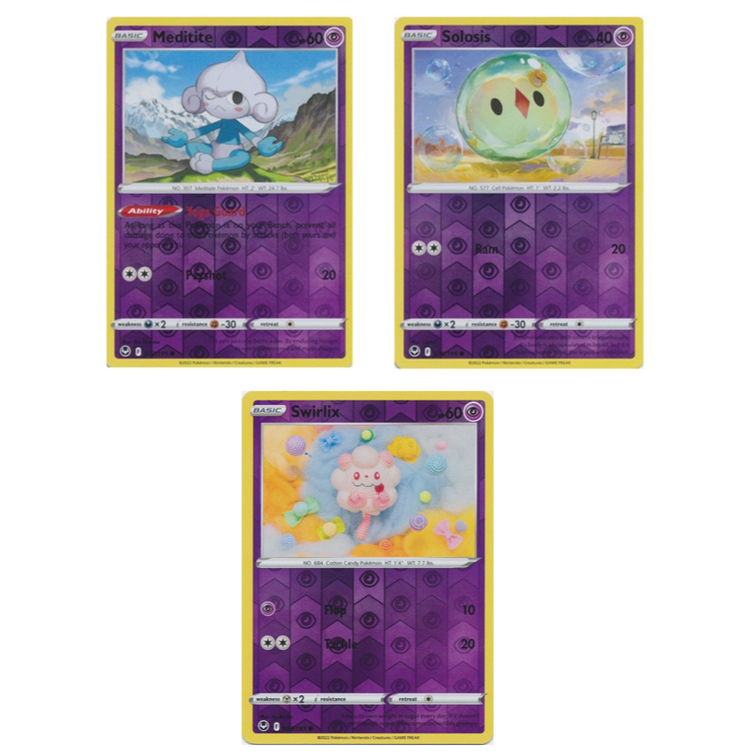 การ์ดโปเกมอนภาษาอังกฤษ Meditite - 072/195 /Solosis - 076/195 /Swirlix - 083/195 - Reverse Holo - Sil
