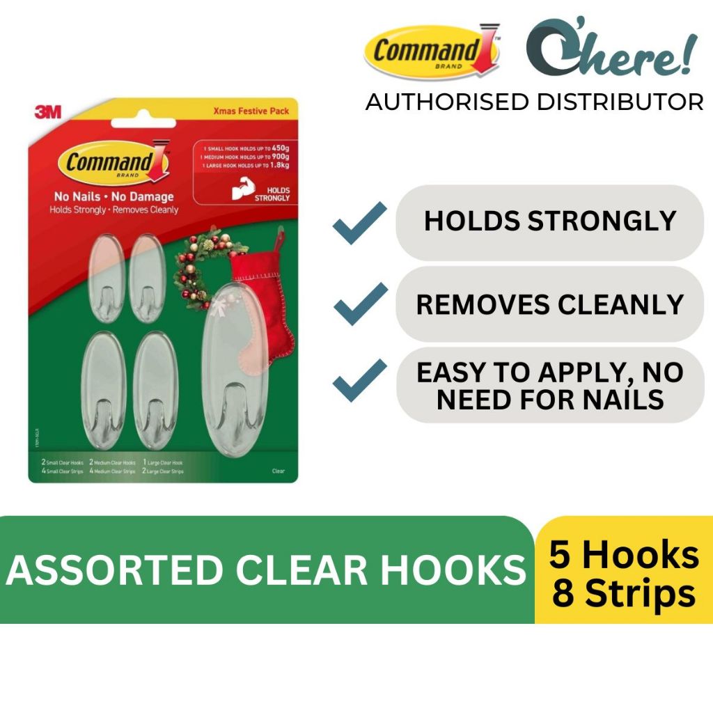 3M Command 17091-5CLR Christmas Pack ตะขอใสคละแบบ