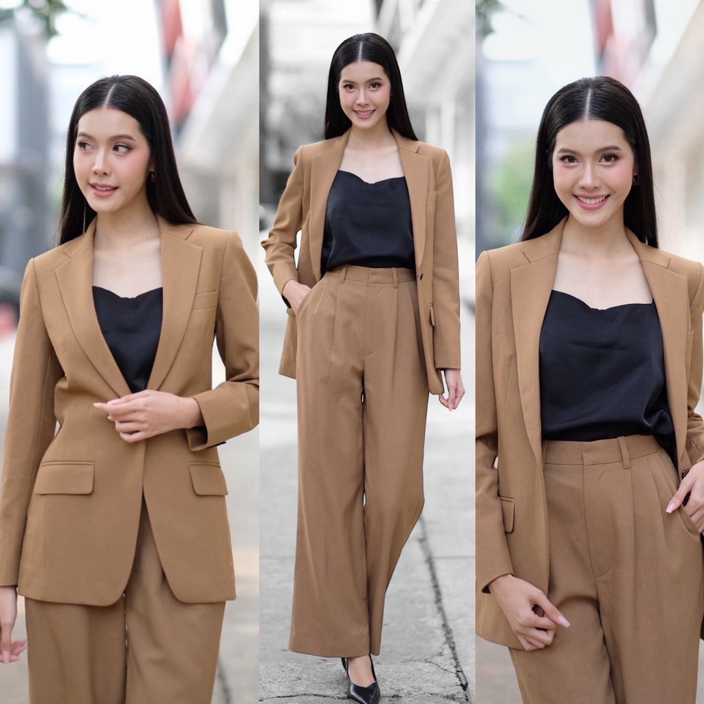 LAFONG ชุดสูทผู้หญิง สีน้ำตาล Camel พร้อมกางเกง Size S-M สภาพใหม่ ไม่เคยใส่