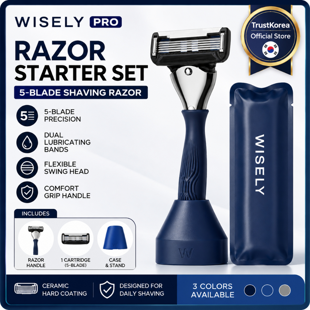 WISLEY PRO Razor Starter Set เครื่องโกนหนวดแบบแมนนวล 5 ใบมีดพร้อมขาตั้งเคสสําหรับผู้ชายที่โกนหนวดทุก