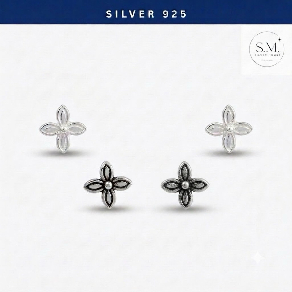 ต่างหูเงินแท้ (ราคาต่อคู่) silver925 ไม่แพ้ ไม่คัน ใส่อาบน้ำได้ ต่างหูดอกไม้ สวยหวาน เงิน/เงินรมดำ