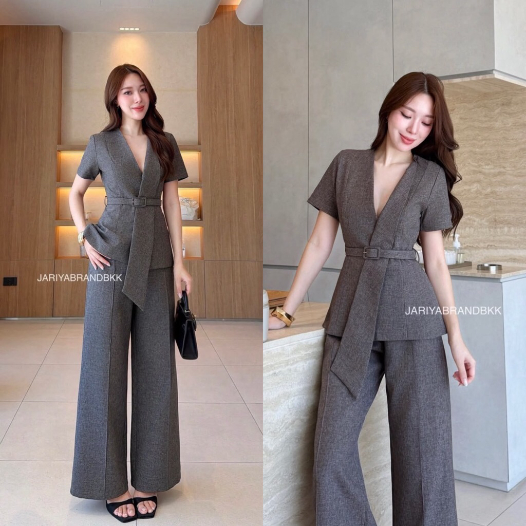 JARIYA🎀 ชุดset 3ชิ้นเสื้อคอวีแขนสั้นมีเข็มขัดมาพร้อมกางเกงขายาว
