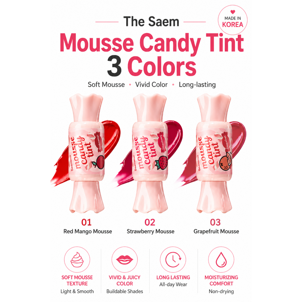 [the saem] The Saem Mousse Candy Tint 3 Colours Soft Mousse Lip Tint Made in Korea
