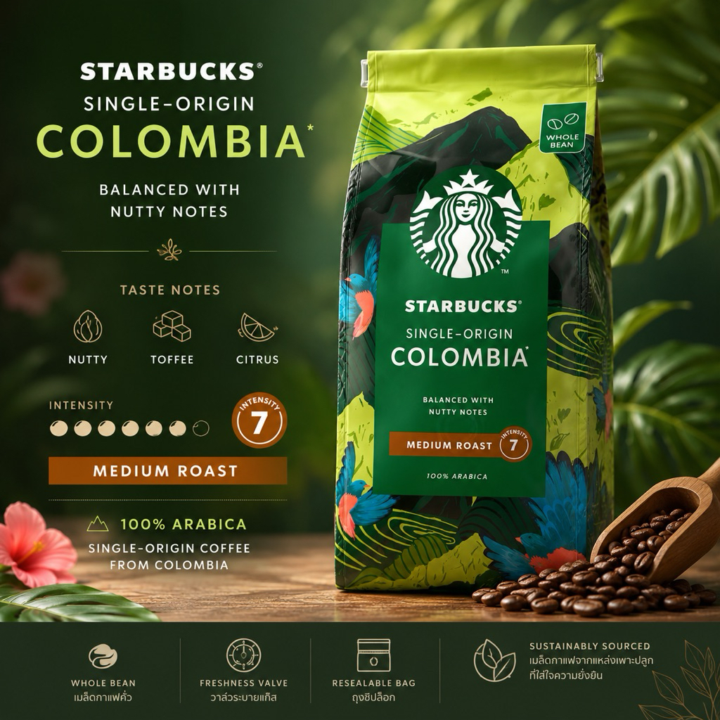 เมล็ดกาแฟสตาร์บัค Starbucks Colombia โคลัมเบีย คั่วกลาง Medium Roast 100% Arabica