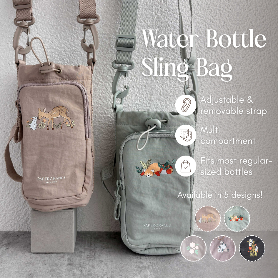 Papercranes Water Bottle Sling Bag Illustrated Crossbody Flask Holder Forest Friends Floral Fawn Red