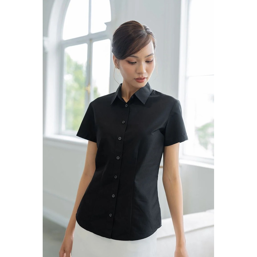 Dan Chau 5657 เสื้อเชิ้ตแขนสั้นผู้หญิง สีดํา ไซส์ SML