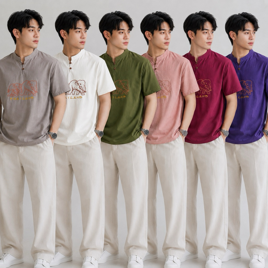 เสื้อผ้าฝ้ายผู้ชาย คอจีนแขนสั้น ปักช้าง ผ้านิ่ม ระบายอากาศดี มี 7 สี M-XL