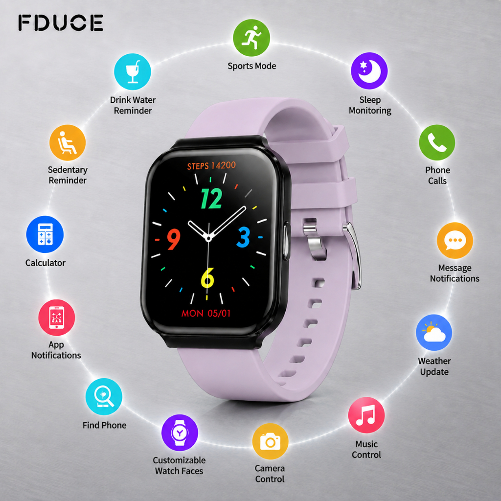 FDUCE T13 สมาร์ทวอทช์ สีม่วง 1.75" HD – โทรผ่านบลูทูธ หน้าจอสัมผัสเต็มรูปแบบ การติดตามกิจกรรมฟิตเนส 