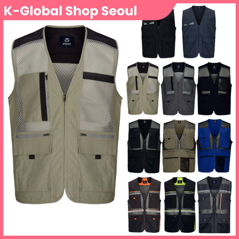 ZIBEN เสื้อกั๊กทํางานฤดูร้อนผู้ชายสีเบจน้ําหนักเบาตาข่ายระบายอากาศยูทิลิตี้หลายกระเป๋าชุดทํางานกลางแ