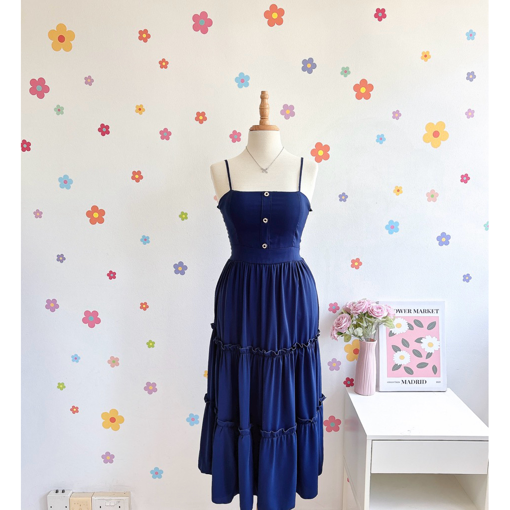 Silky Cushion Ruffles Midi Dress สีกรมท่า