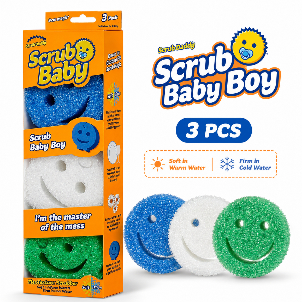 Scrub Daddy Scrub Baby Boy FlexTexture Scrubber 3 ชิ้น | ชุดฟองน้ําครัวอเนกประสงค์พิเศษของเกาหลี
