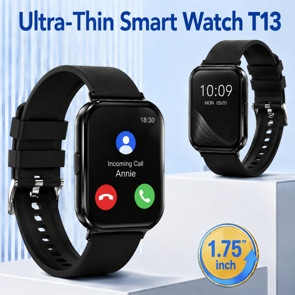 FDUCE T13 Smart Watch สีดํา 1.75" HD – โทรผ่านบลูทูธ, หน้าจอสัมผัสเต็มรูปแบบ, การติดตามกิจกรรมฟิตเนส