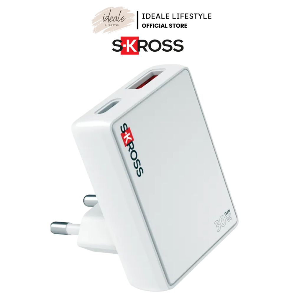 SKROSS Slim Europe Charger 30W GaN Fast Charger Dual Port USB C PD Type A Ultra Thin Euro Wall Plug 