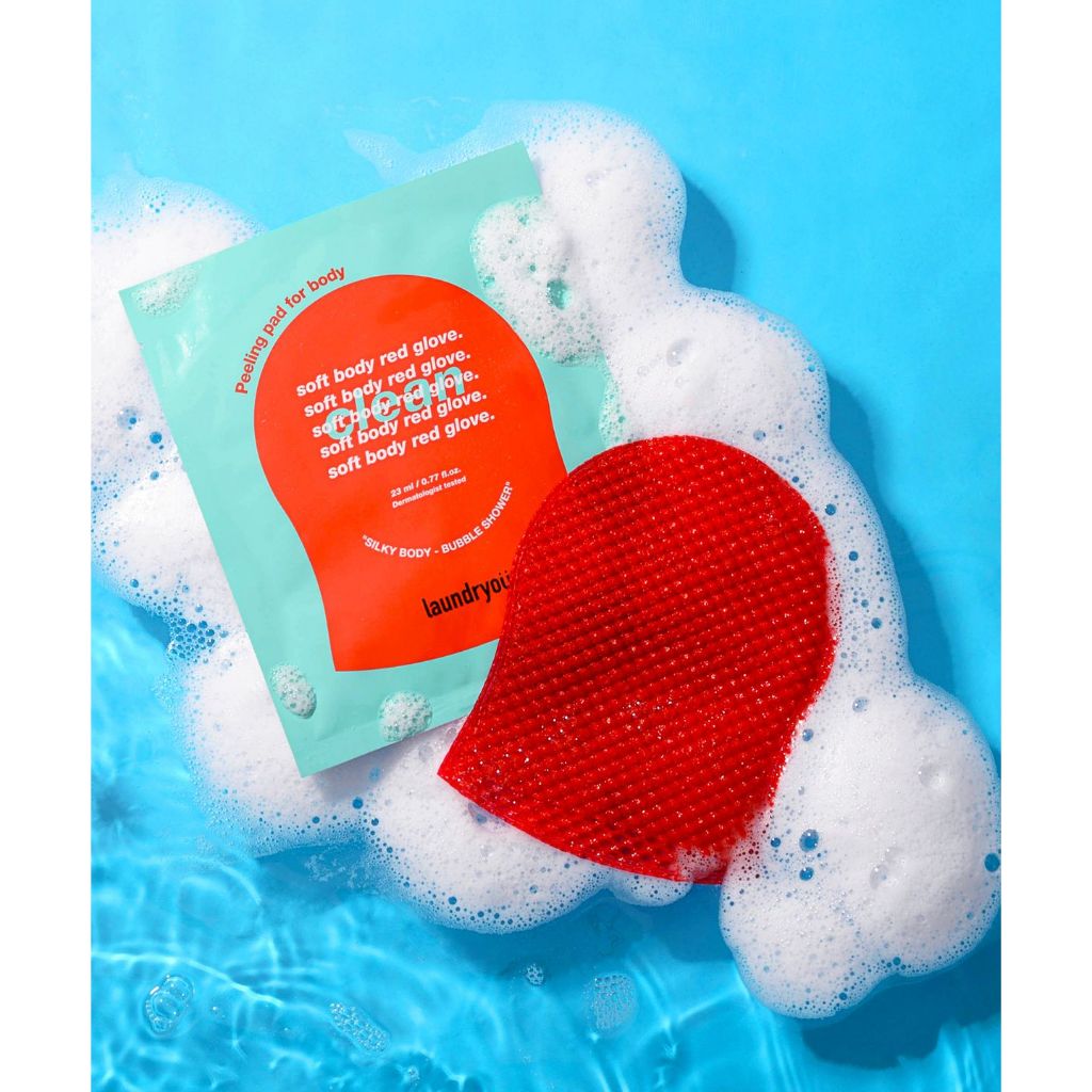 Laundryou Soft Body Red Glove Clean 23ml x 5 แผ่น | Exfoliating Body Wash Glove แผ่นนูน Travel Body 