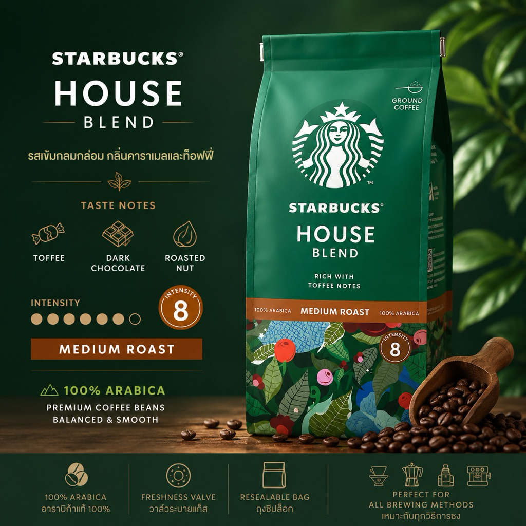 กาแฟคั่วบด สตาร์บัค Starbucks House Blend เฮาส์เบลนด์ คั่วกลาง Medium Roast 100% Arabica