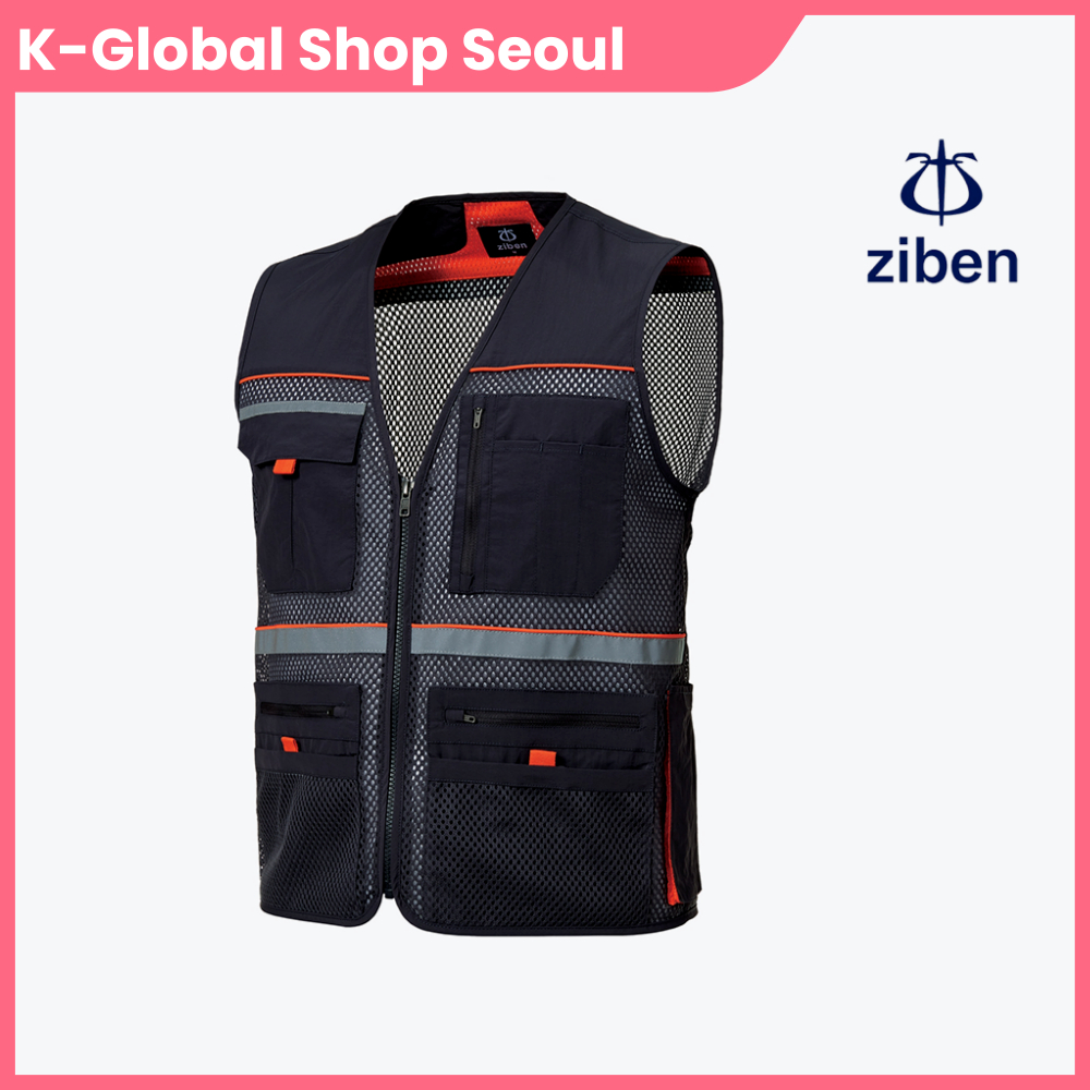 Ziben ZB-V1821 เสื้อกั๊กทํางานฤดูร้อนผู้ชายสีเทาเข้มน้ําหนักเบาตาข่ายหลายกระเป๋าสะท้อนแสงความปลอดภัย