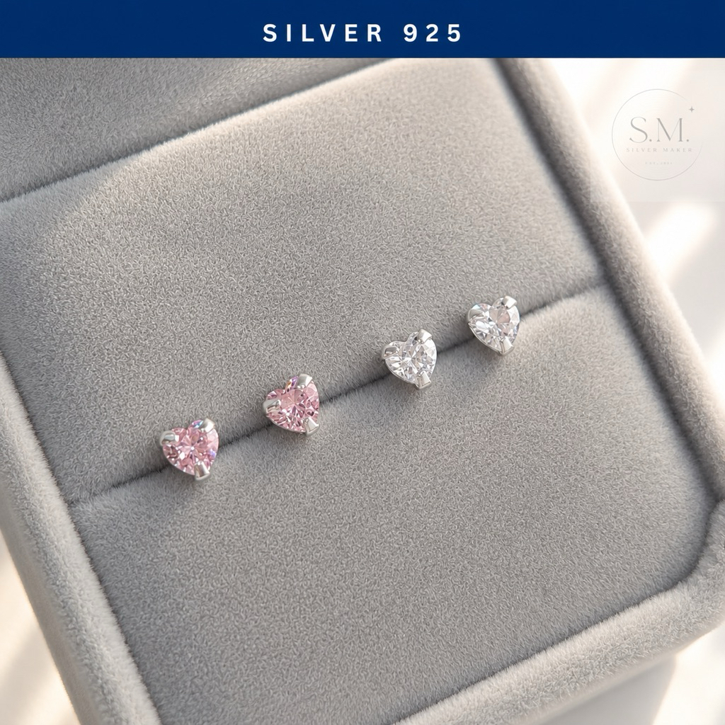 S.M.silverhouse ต่างหูเงินแท้ (ราคาต่อคู่) silver925 เหมาะสำหรับคนแพ้ง่าย ใส่อาบน้ำได้ ต่างหูหัวใจ เพชรcz ก้านเสียบติดหู