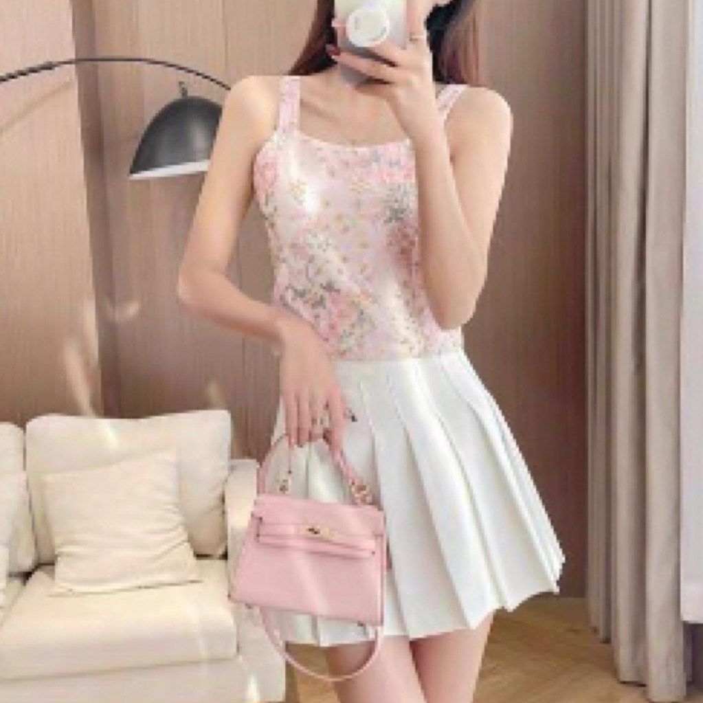 [SG INSTOCKS] Valmsical Pastel Floral Blossoms Gold ตาไก่ Smock Spag Top