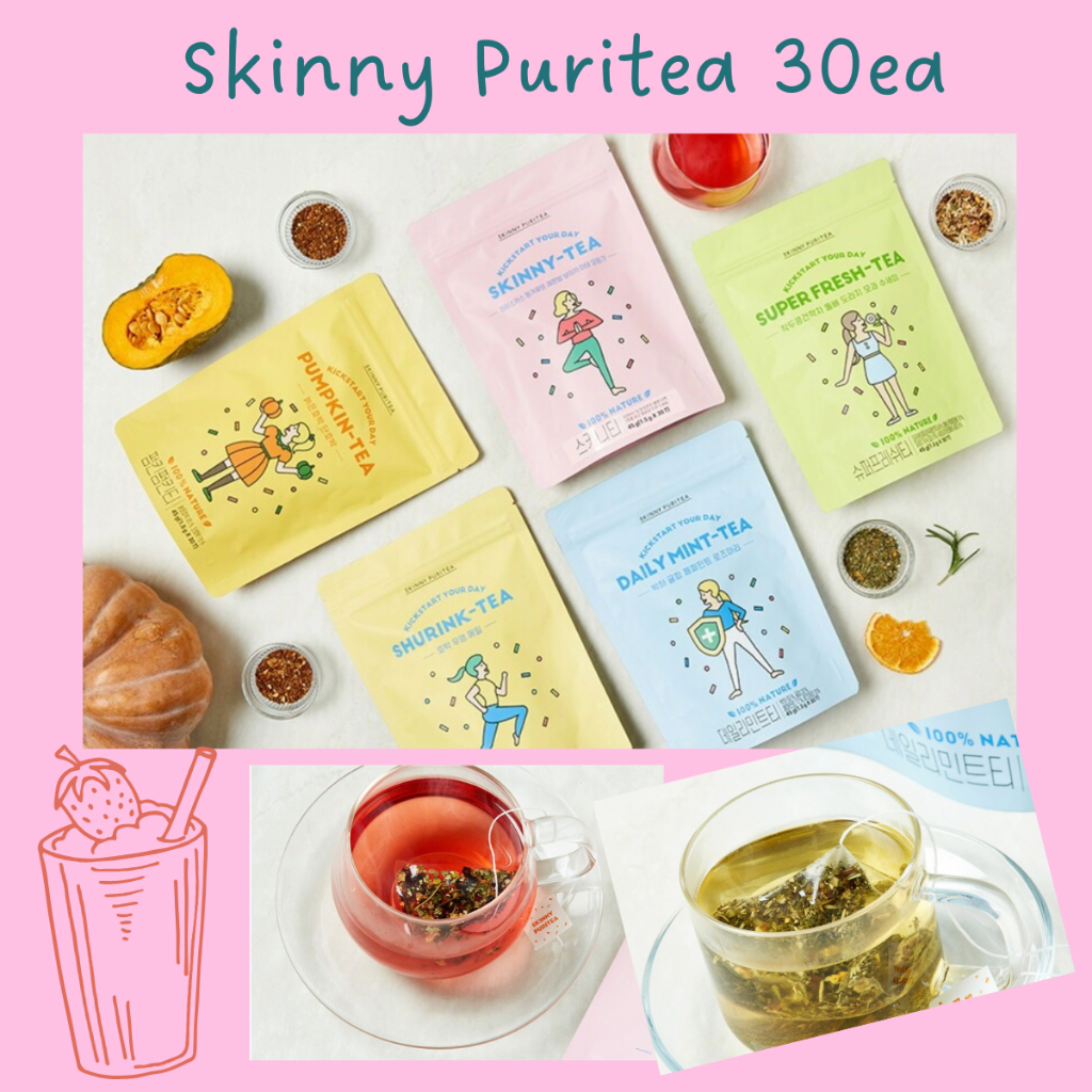 [Skinny Puritea] ชาดีท็อกซ์เกาหลีสําหรับท้องอืดและย่อยอาหาร – สมุนไพร, มิ้นต์, เอนไซม์, ปราศจากคาเฟอีน